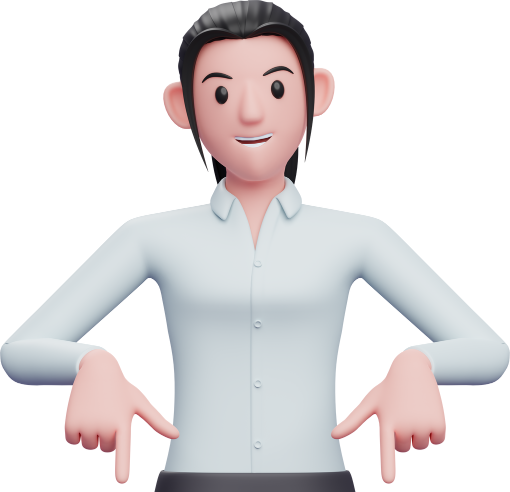 3d business woman in blue shirt pointing down